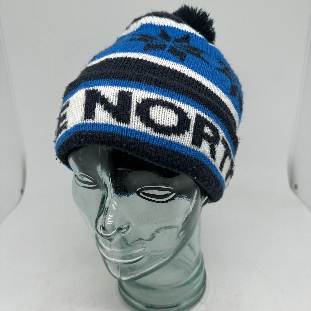 The North Face Hat Beanie Mens One Size Blue Fair Isle Knit Pom Winter